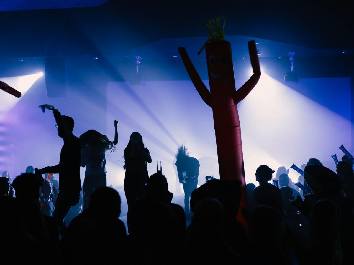 A band and audience are back lit against a stage.