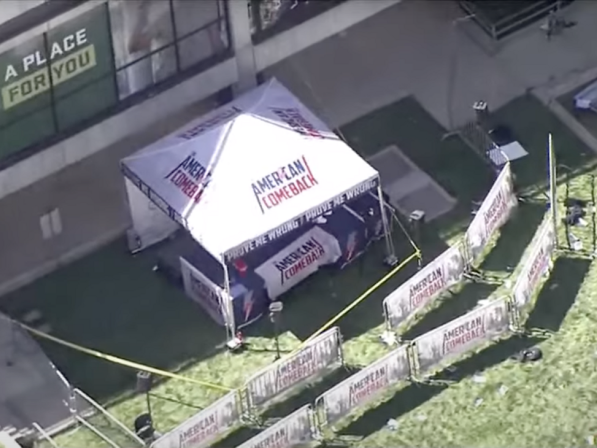 An aerial view of a gazebo at the site of the Charlie Kirk shooting