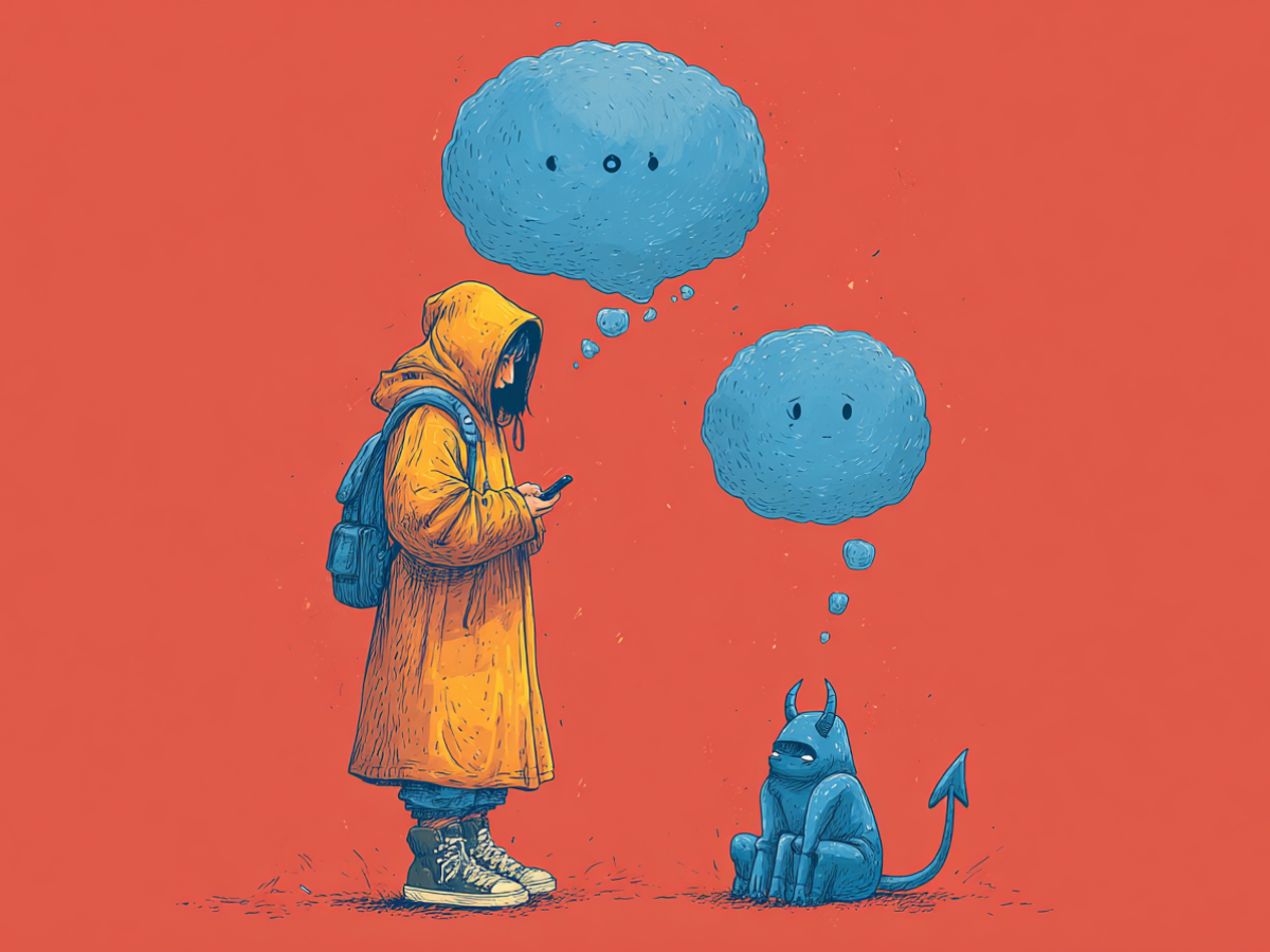 An AI image of a person stood holding a phone with a bubble above their head, below them is a chatbot-like demon with a tail