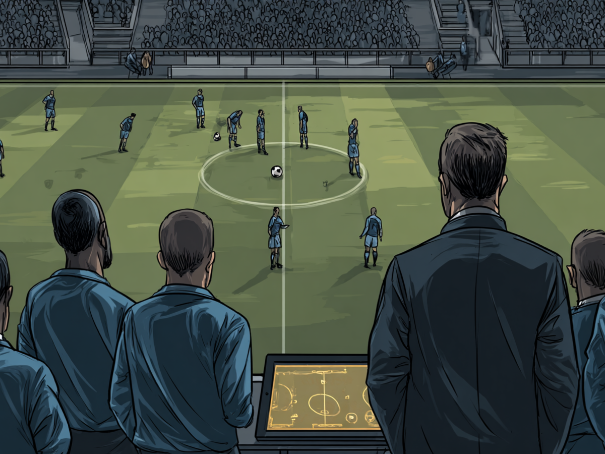 An AI image of apathetic football players being watched by dis-spirited fans.