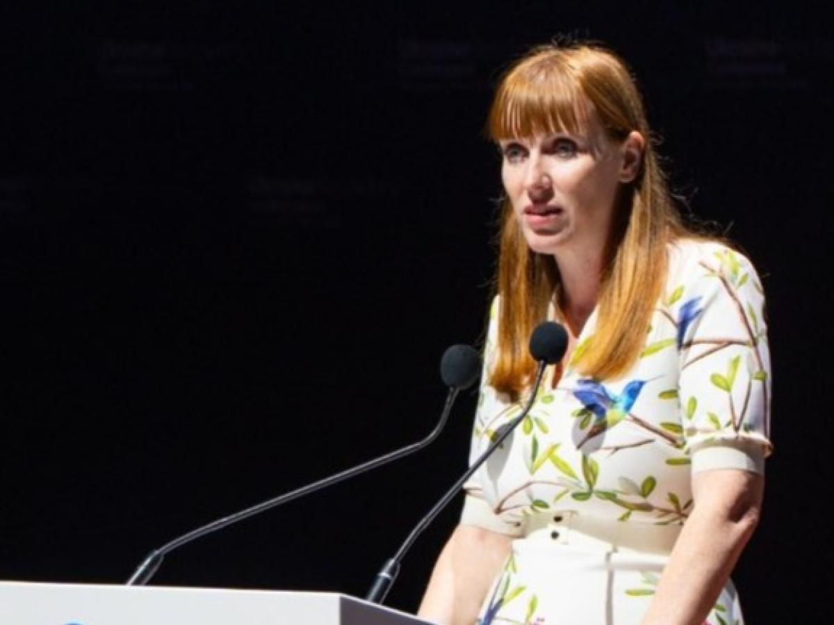 Angela Rayner pauses while delivering a speech