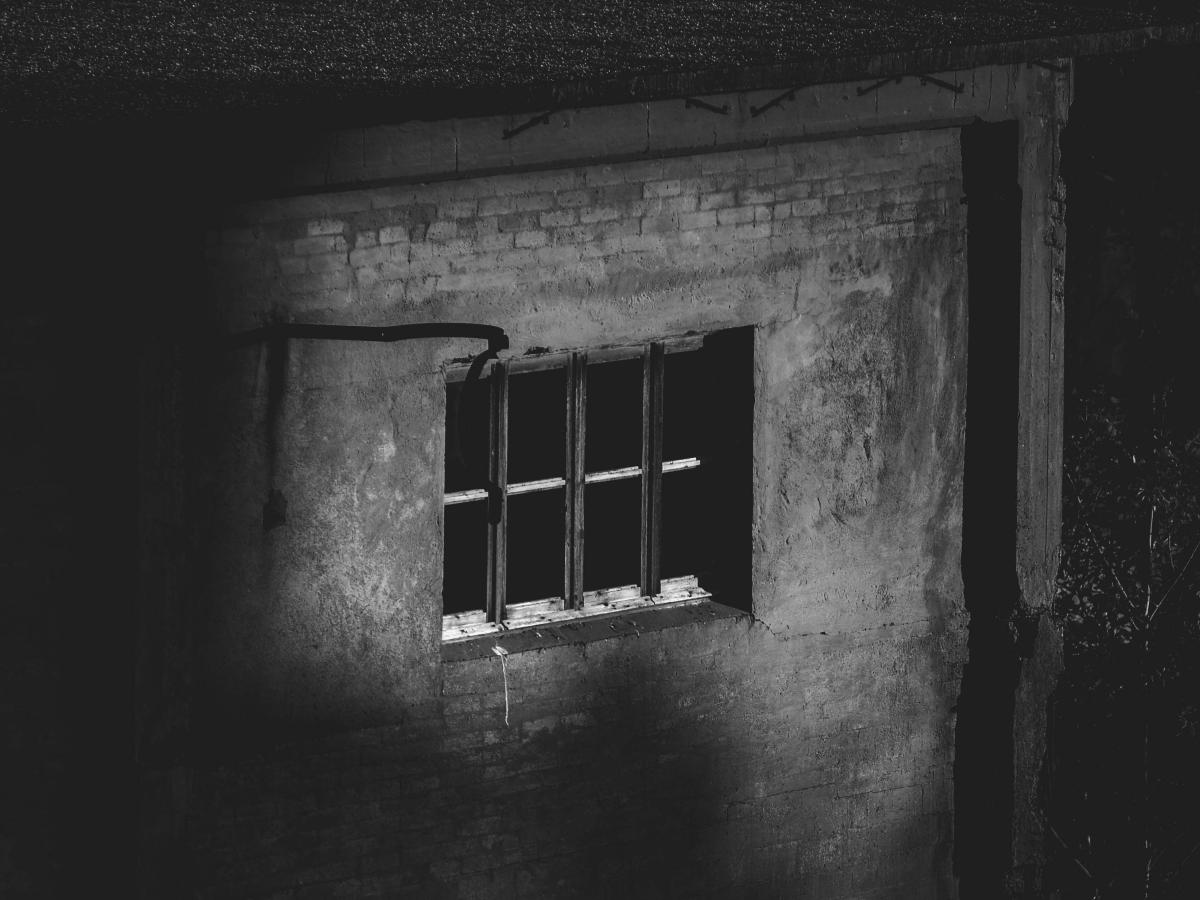 A barred window sits in a dark brick wall.