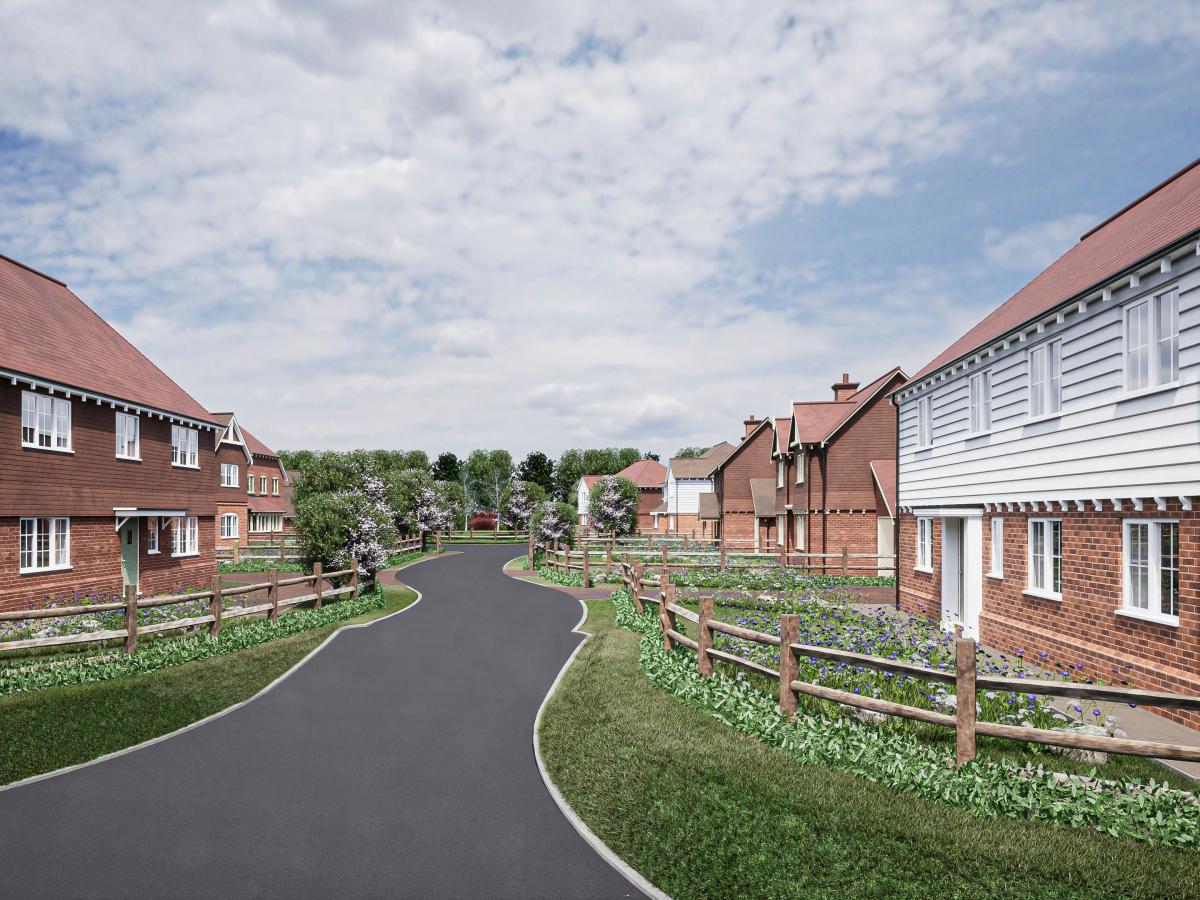 A render of a new housing estate showing a road, wooden fences and clapperboard hosues.