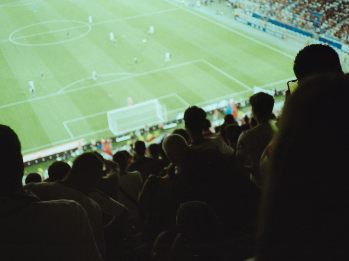 A view from a football stand over heads to the pitch.