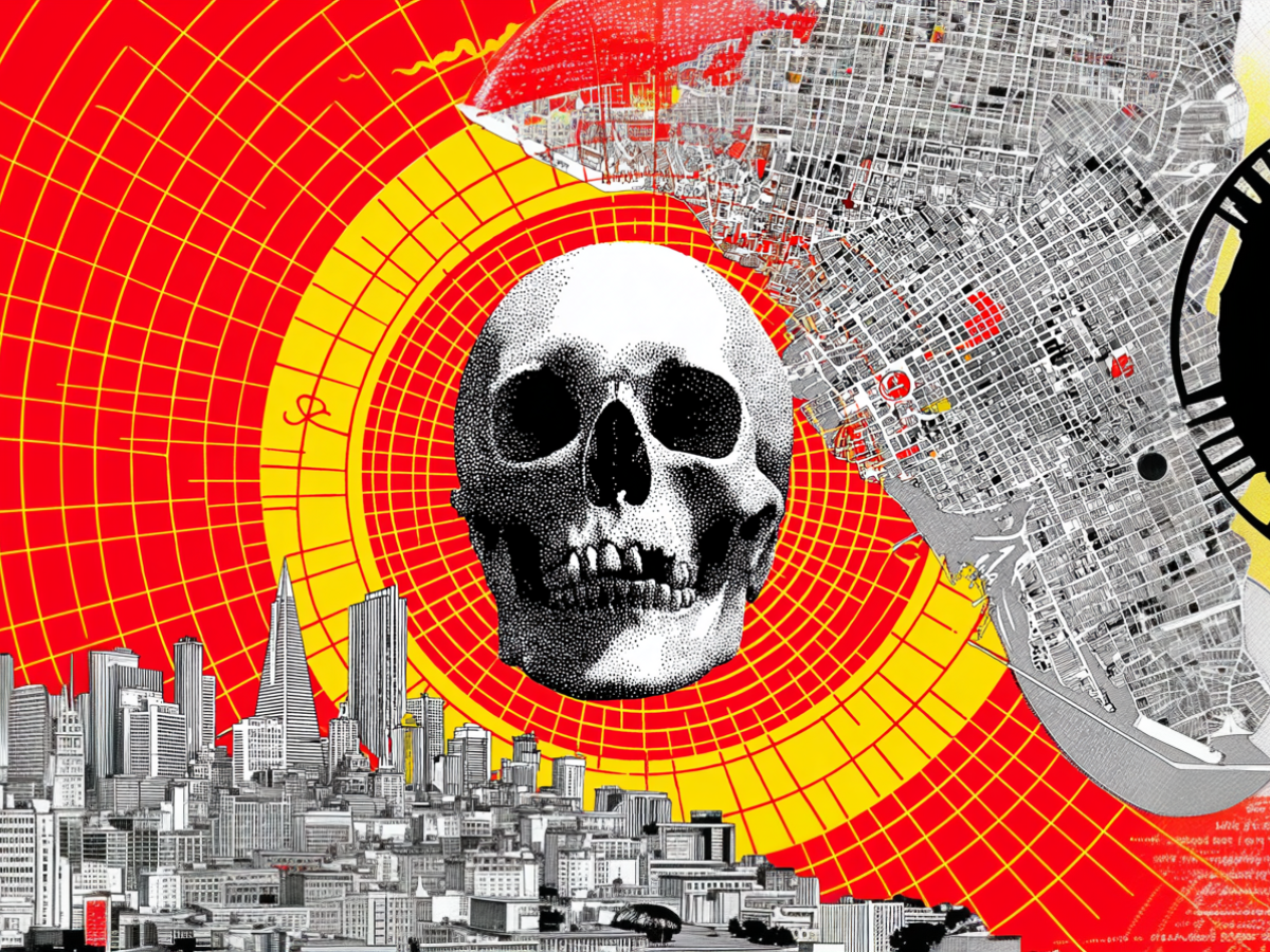 An AI montage show a black and white school at the centre of a red and yellow circular grid upon which are the San Francisco skyline and map.
