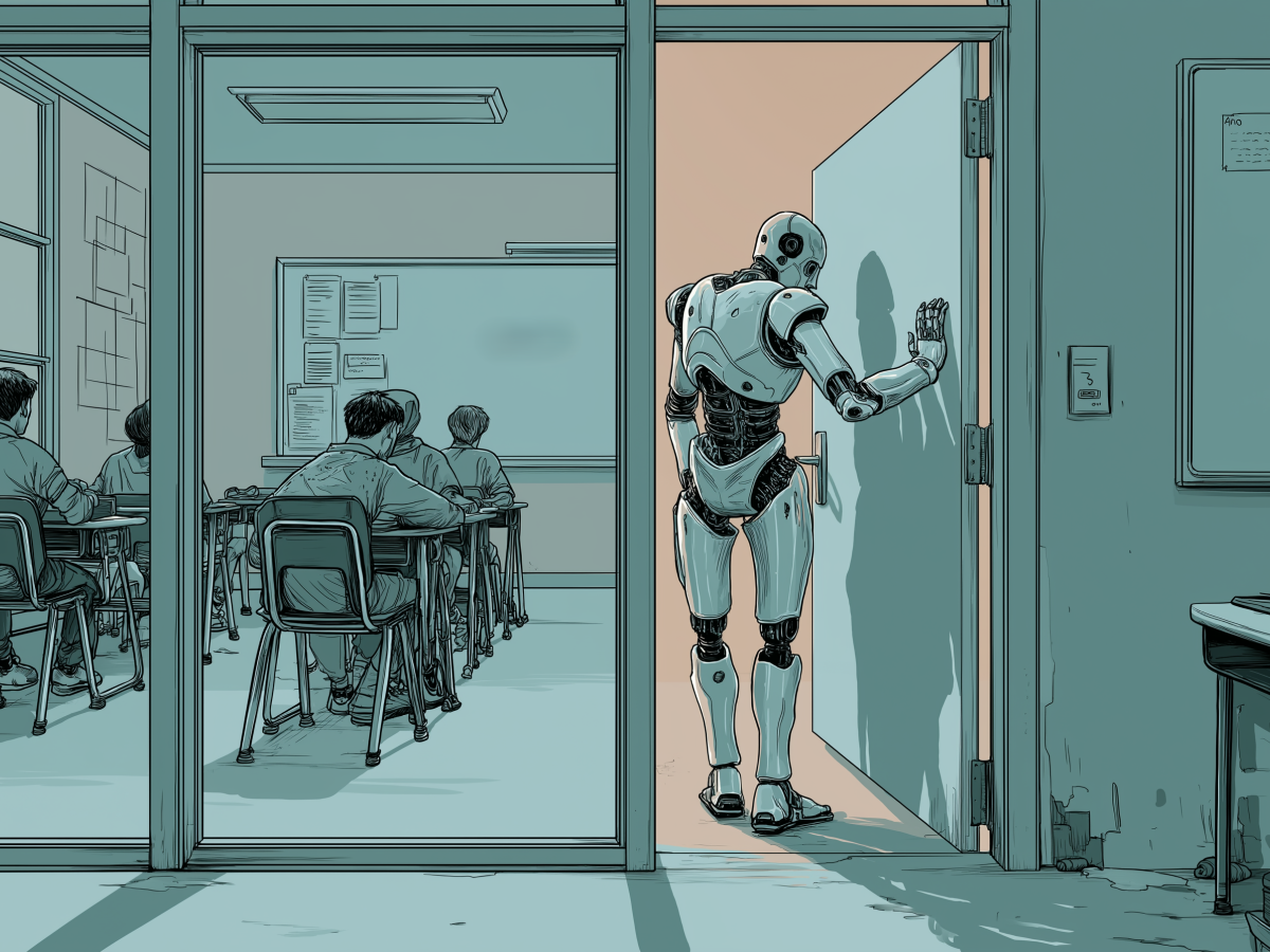 A cyborg like figure opens the door to a classroom.