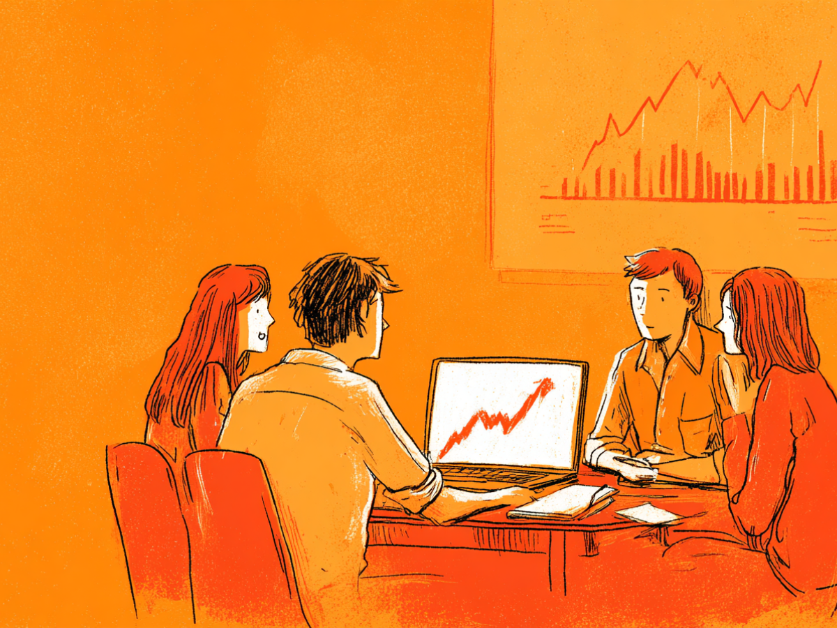 An illustration of a family around a table looking at graph on a laptop.