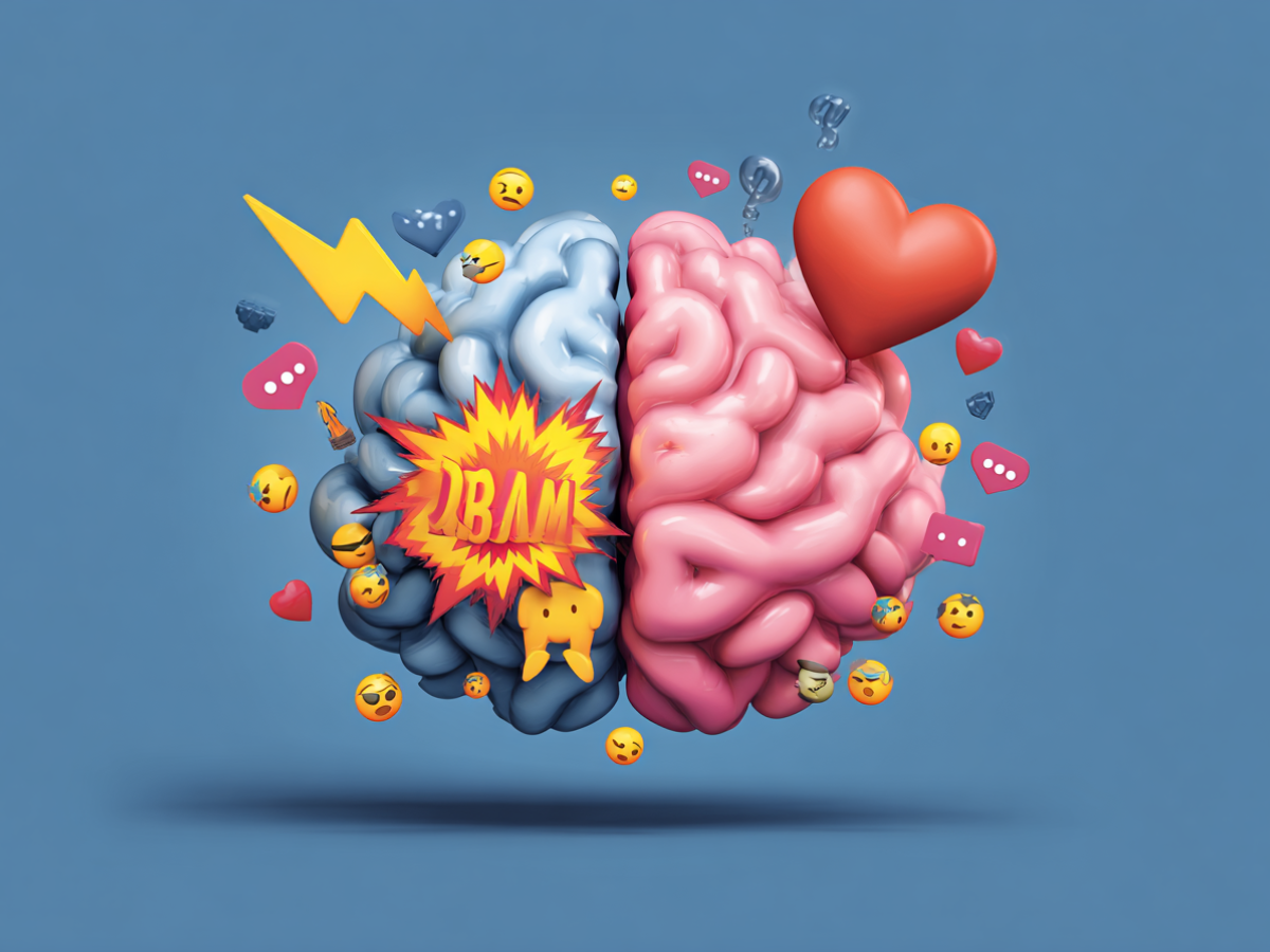 An emoji-style brain divided in two with active emojis one side and calm ones the other.