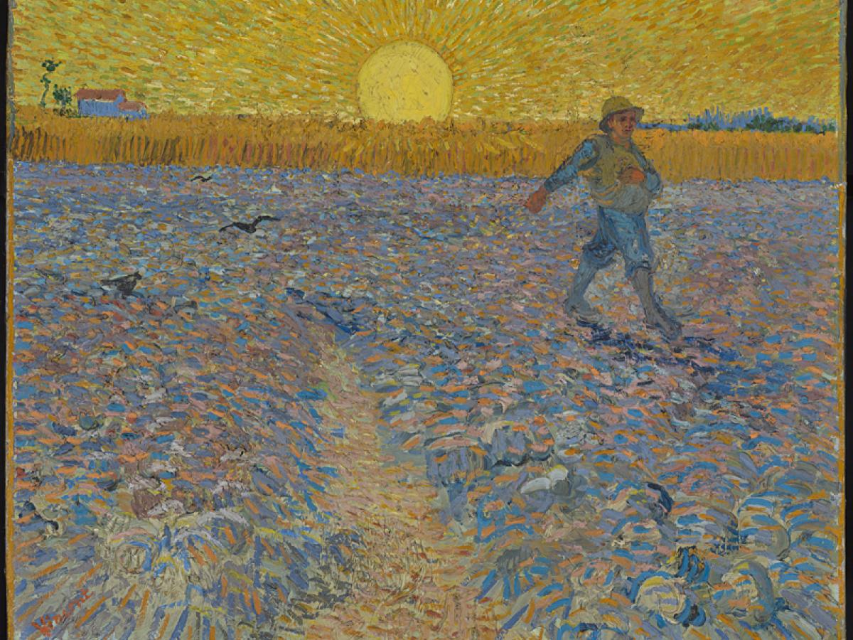 Van Gogh's painting of a sower, walking across a field as the sun sets.