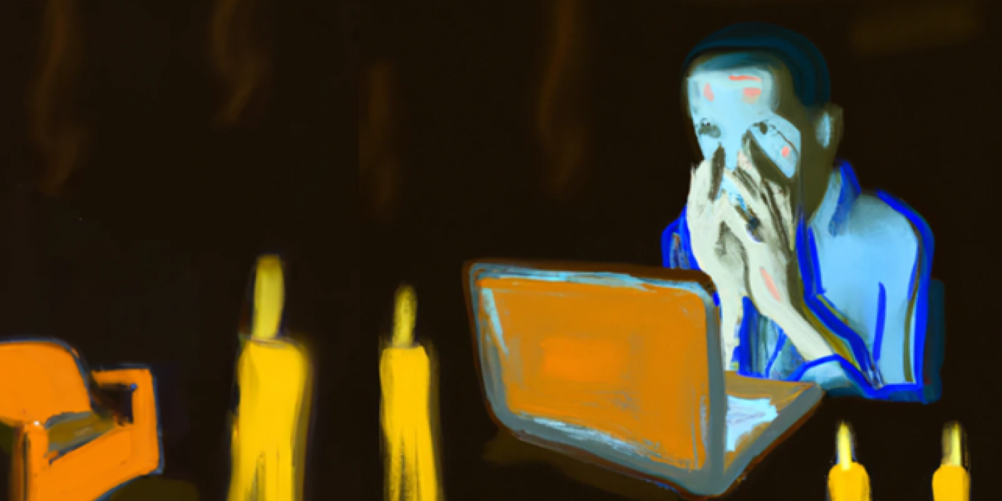 An AI-created painting of a scene comprising a lap top user holding their face, with candles in the foreground