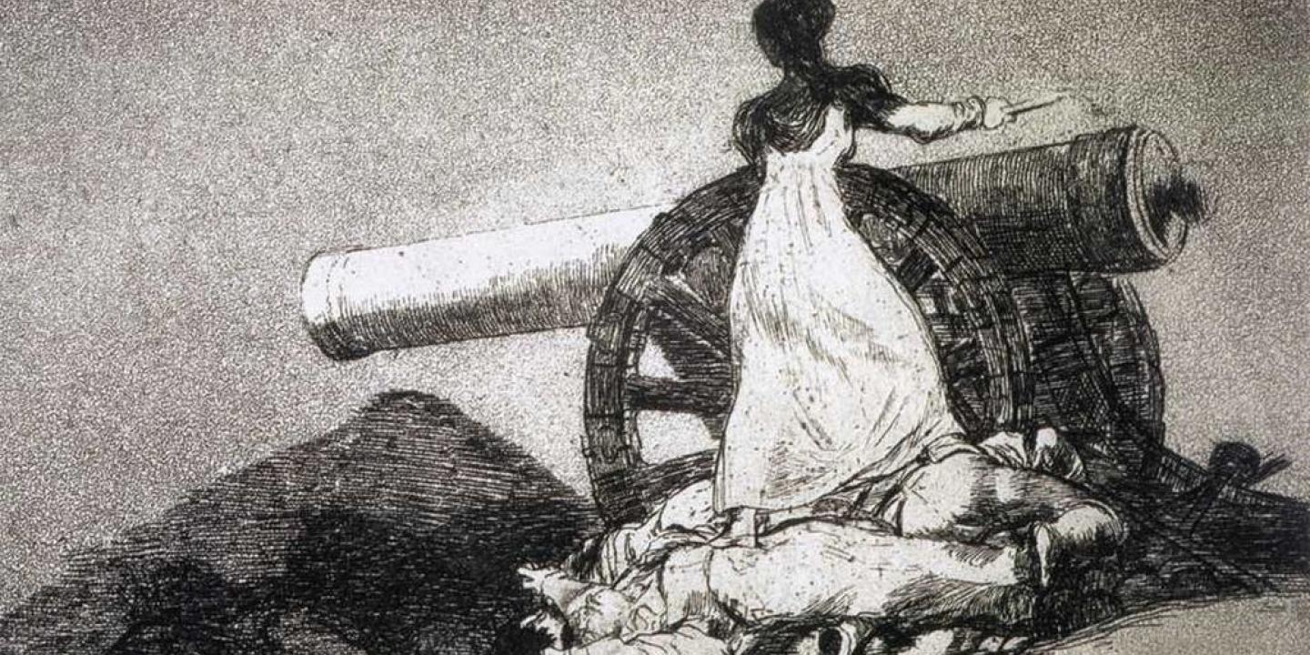 An etching show a woman operating a cannon, while dead comrades lie at her feet.