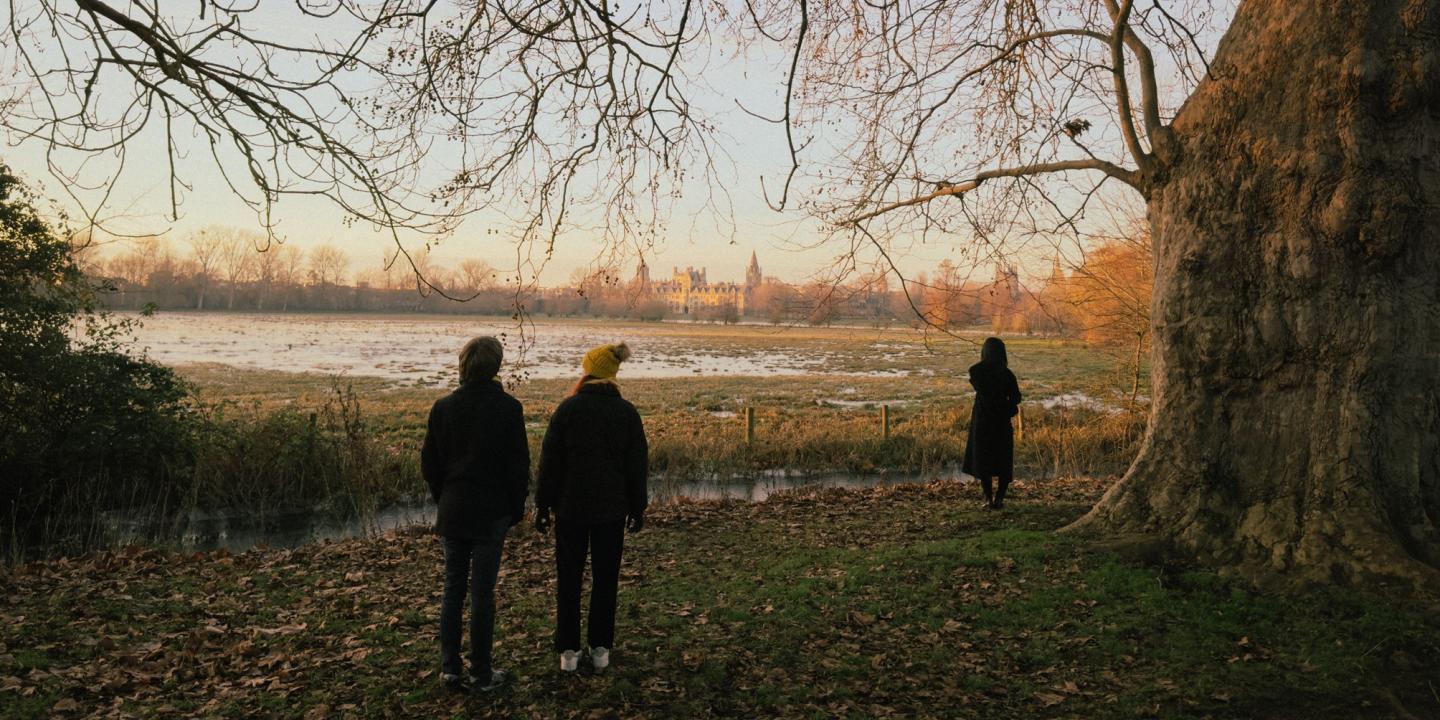 On the edge of  wintery meadow a couple and a stranger stand apart.
