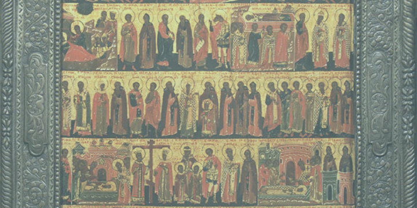 A ancient illustration showing five rows of saints in profile on a book cover.