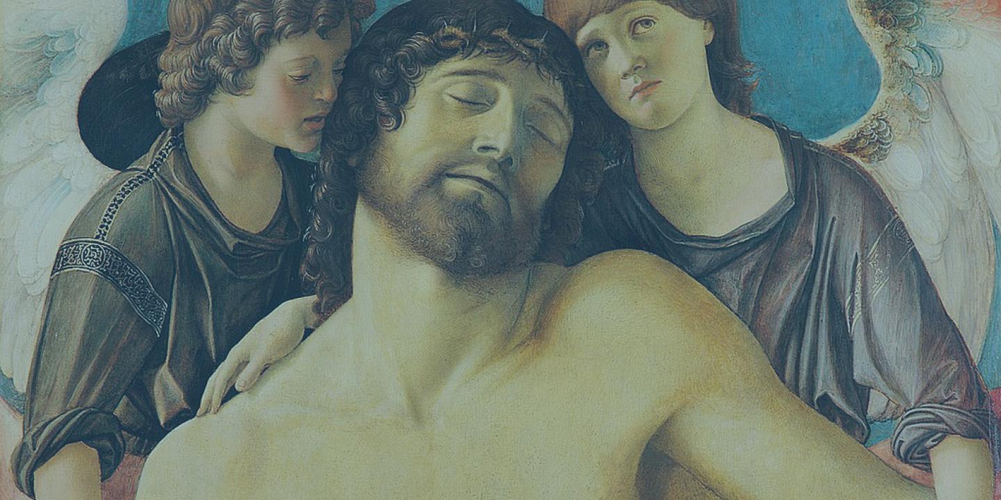 A medieval painting of angels holding the dead Christ.
