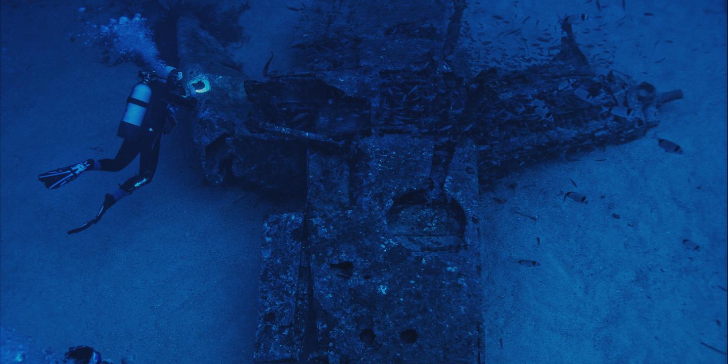 A diver swims above a crashed plane lying on the sea bed.