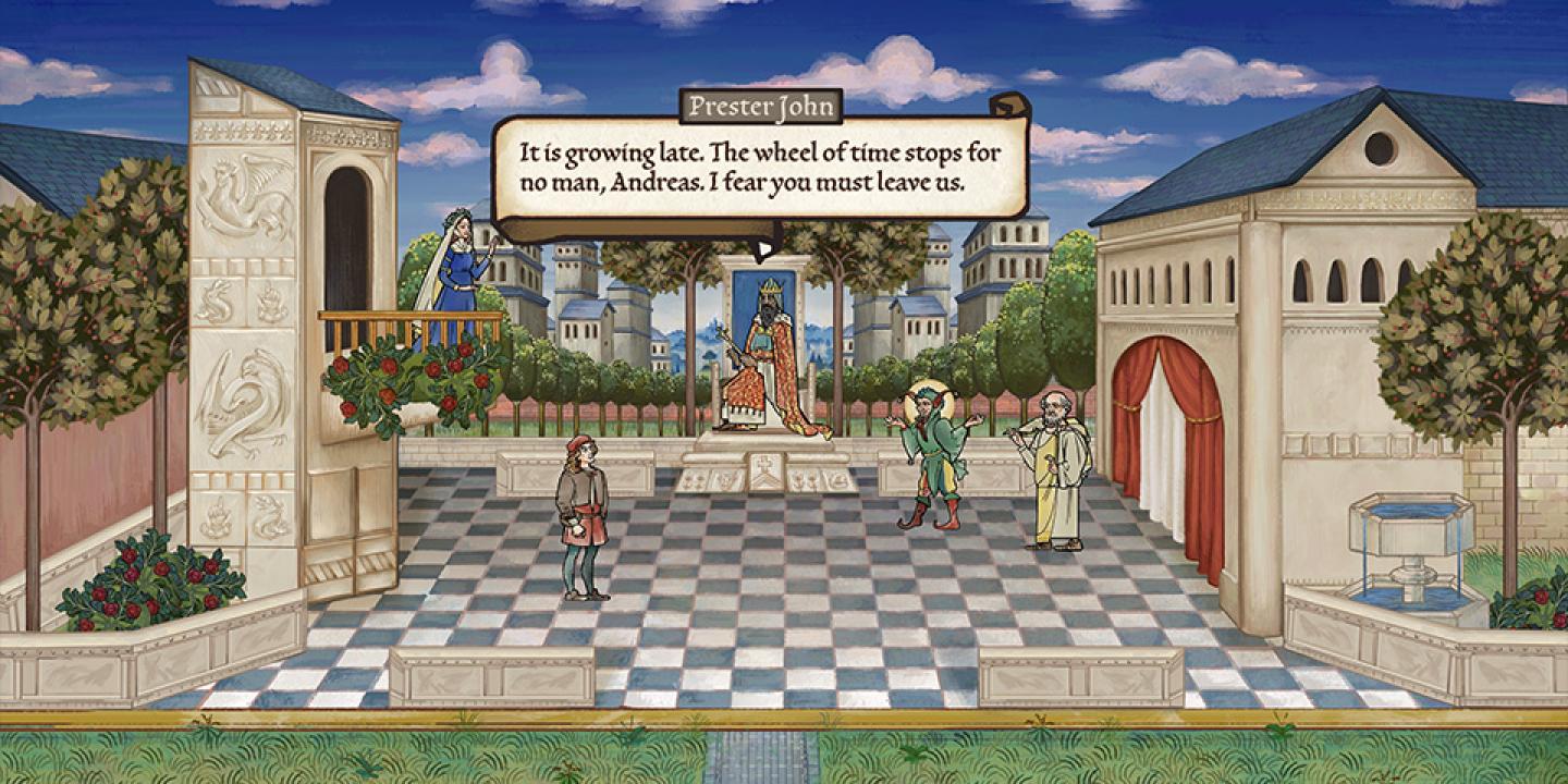 A screen grab of a video game showing a chequered floor amidst classical architecture, with player figures.
