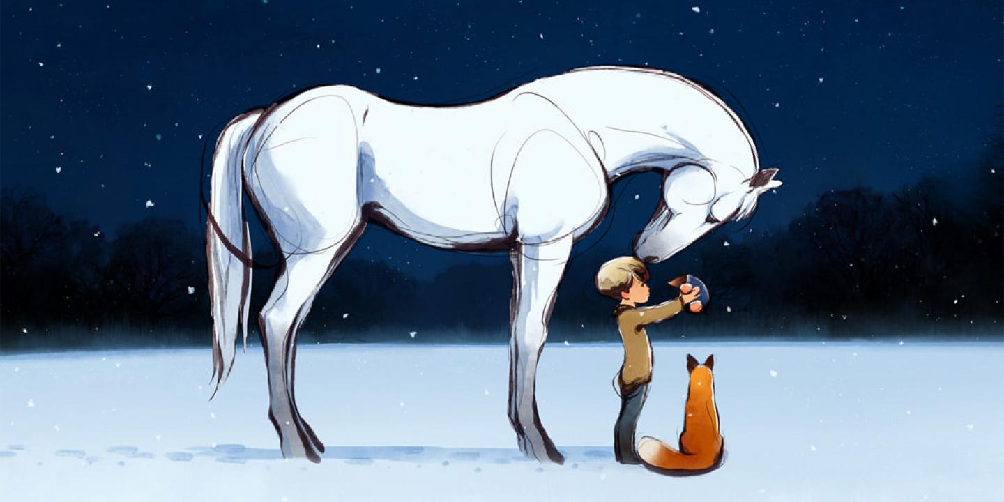 An illustration showing a horse standing, sniffing a mole held by a boy while a seated fox looks on.