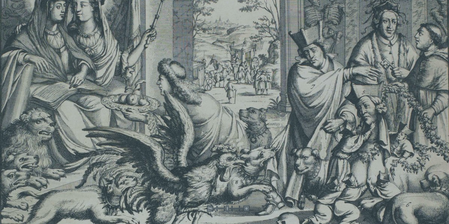 an etching shows William and Mary is a classical scene, priests stand to their right while dogs chew bones at their feet.