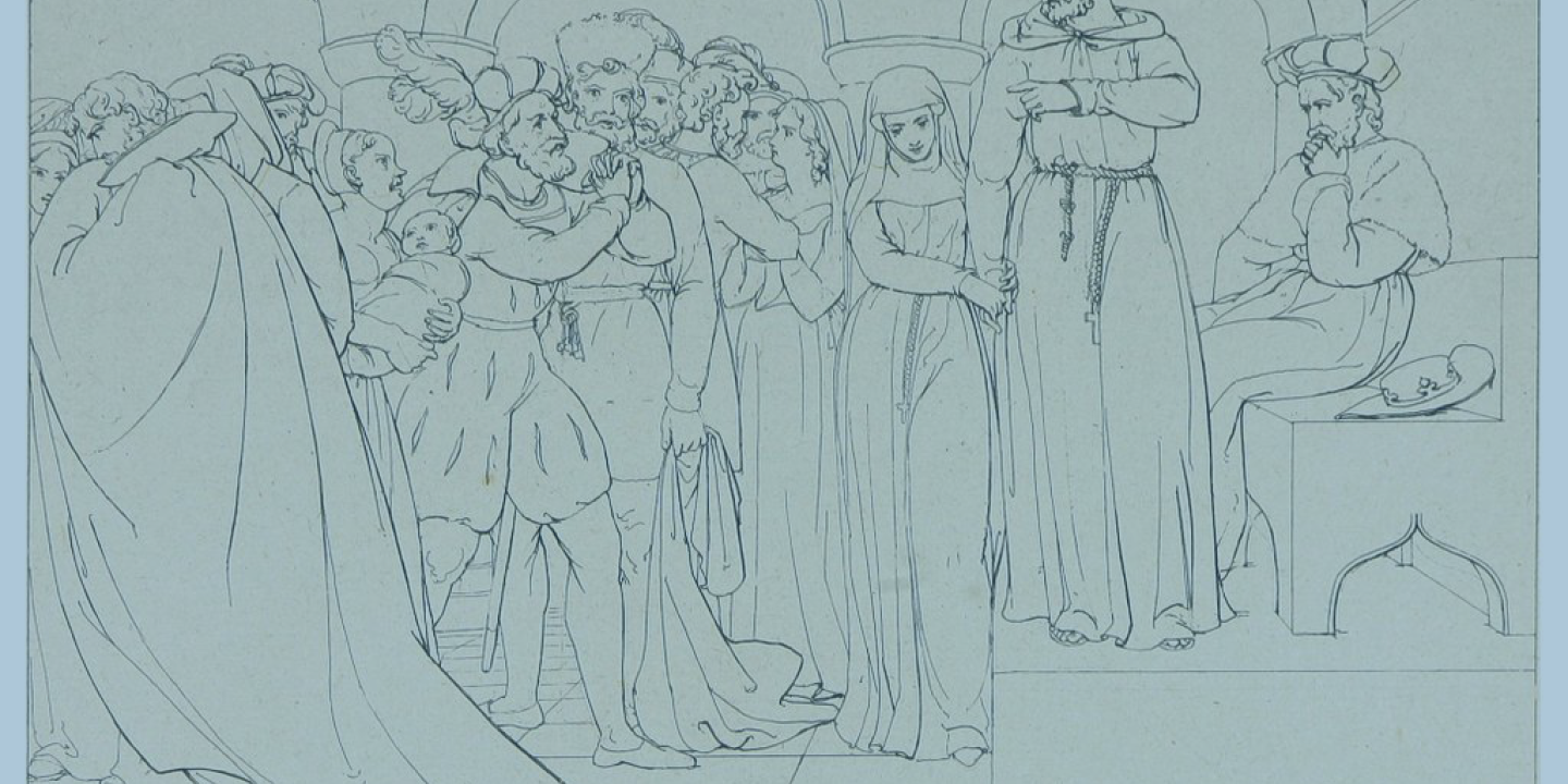 A line illustration of a theatrical play scene showing a crowd waiting on standing and sitting judges to make a decision
