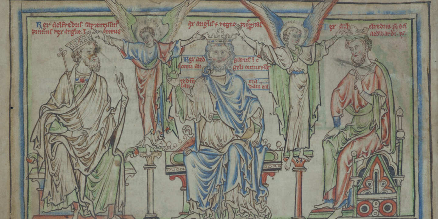 A medieval illustration of King Edgar's coronation shows him between his predecessor and successor, while angels hover above him.