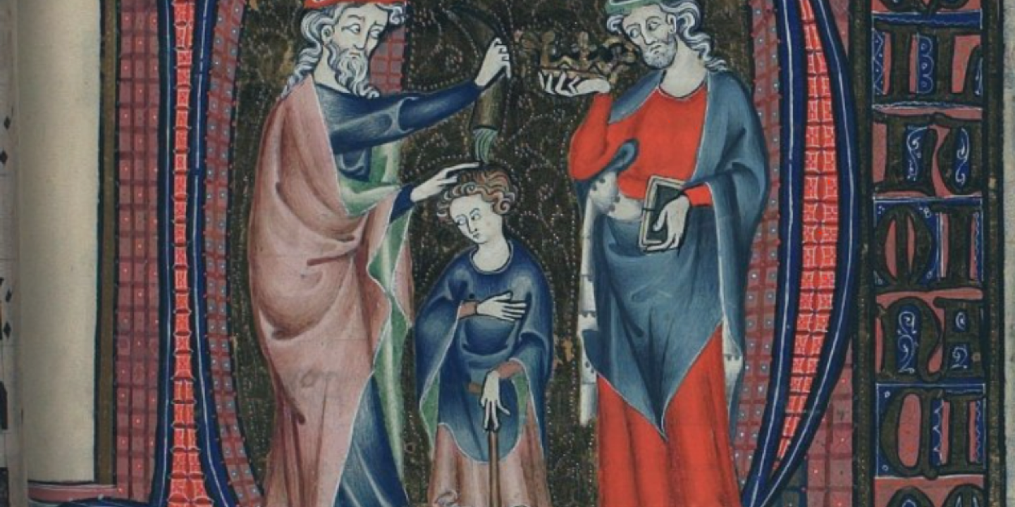 A medieval illustration of King David being anointed by Samuel