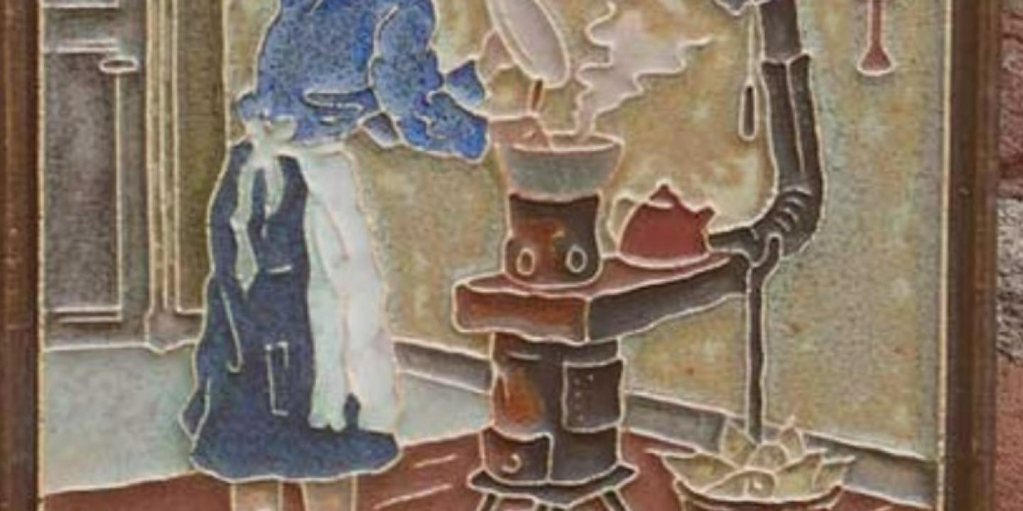 A wall tile shows a 1940s woman tend a stove below a washing line.