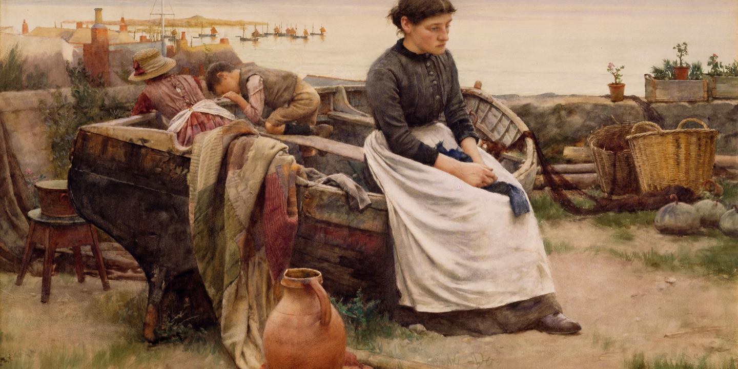 A Victorian fisherwoman sits on a beached boat, shoulder slumped.