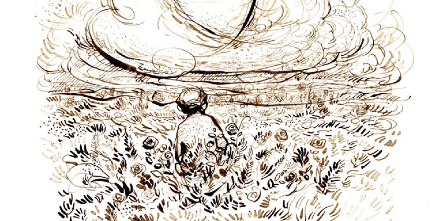 A illustration of a boy sitting in a  field with his back to us, above him is a heart shaped cloud.