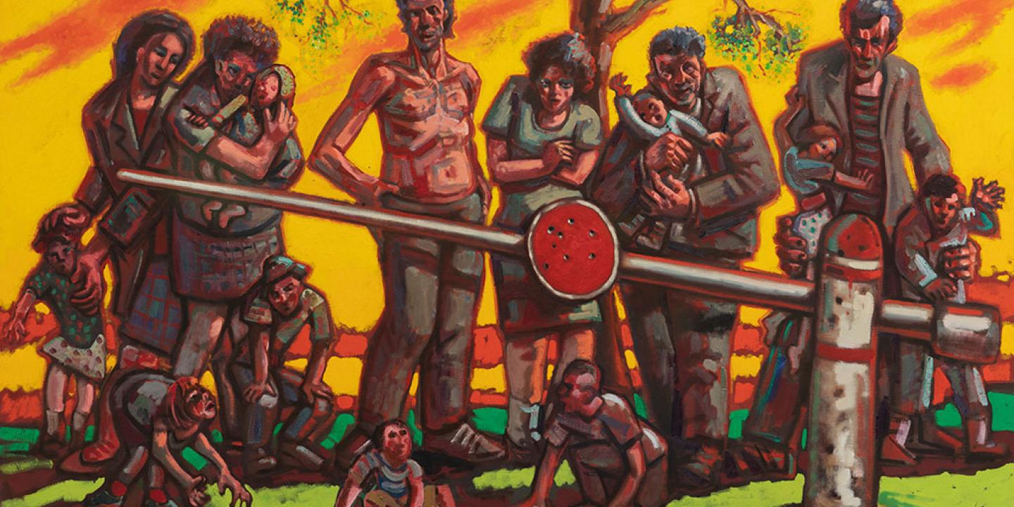 A painting shows a group of refugees waiting behind a barrier across a road, the background is intense yellow.