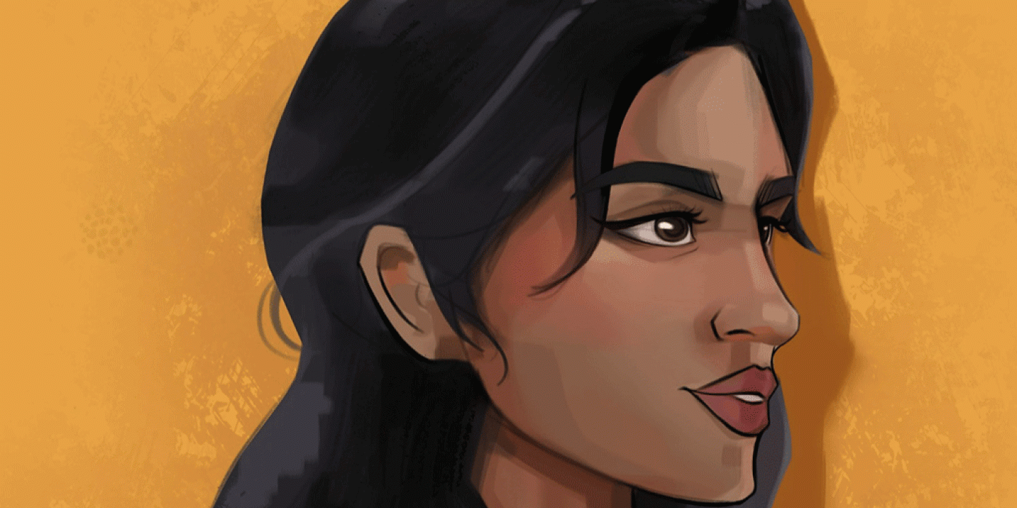 An illustration of a woman with dark long hair looking to the right.