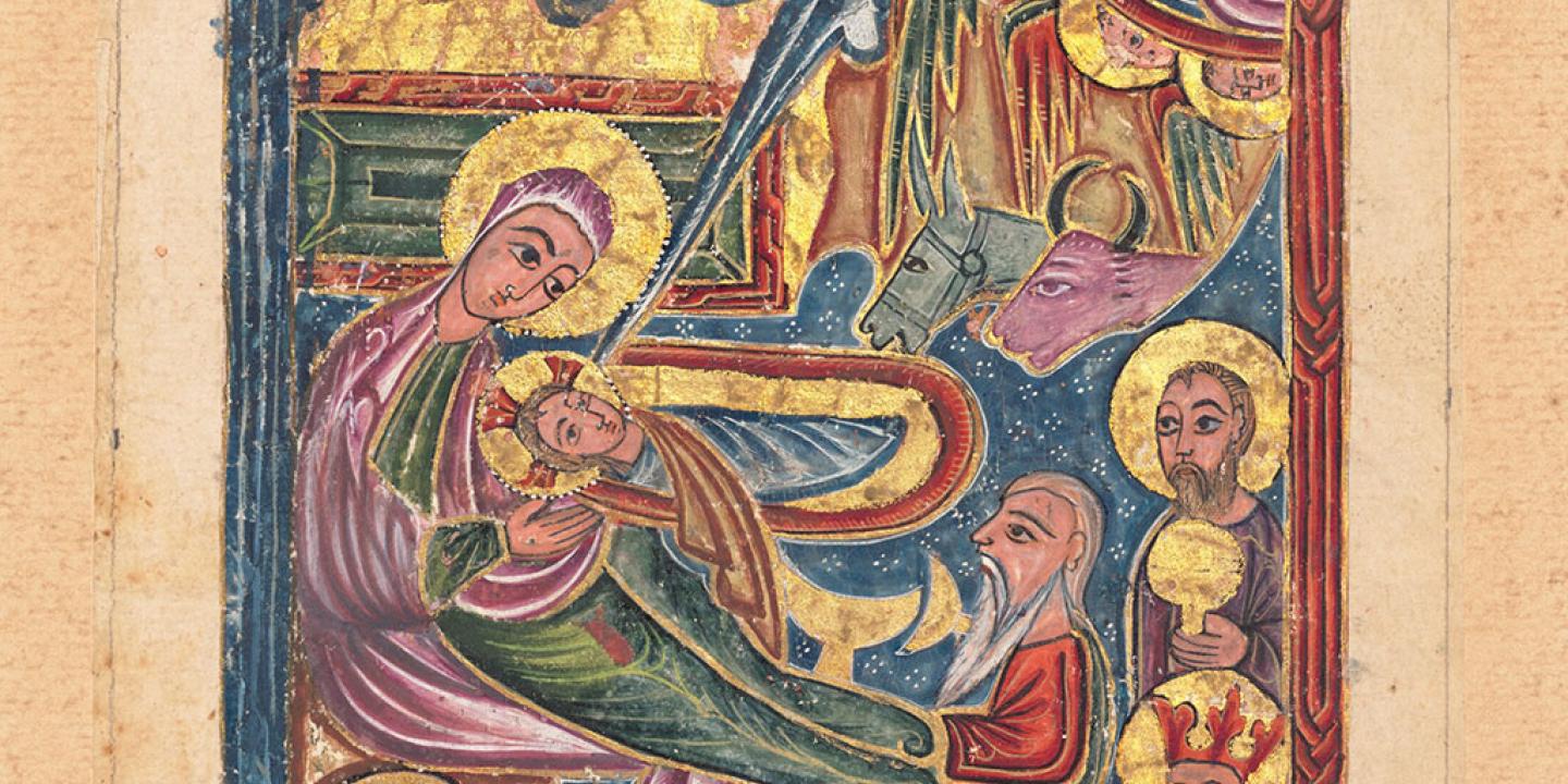 A nativity scene in bold colours in an illumination style.