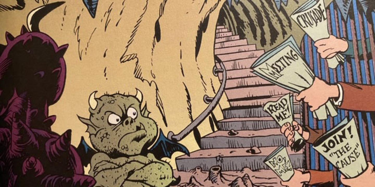 A comic book style cartoon of a small squat devil looking quizzed in hell.