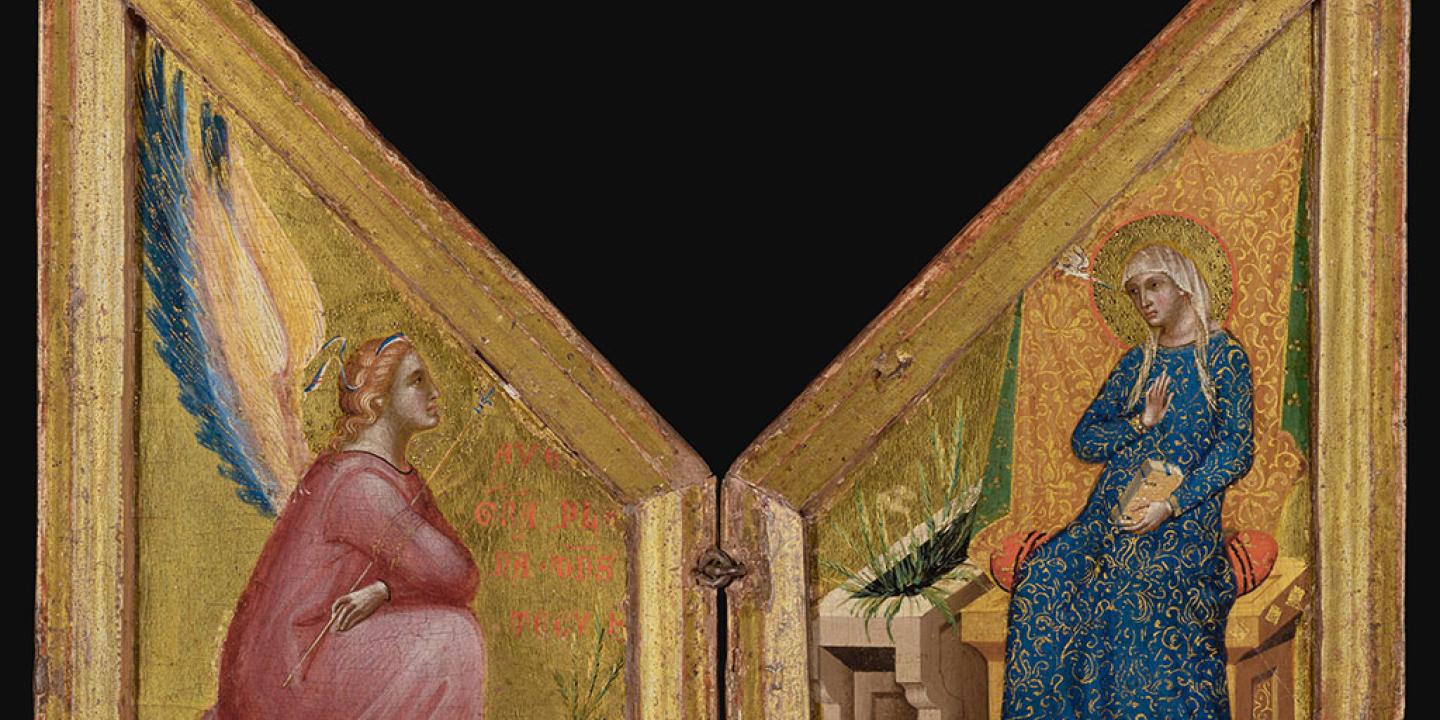 A two sided altarpiece painting shows an angel kneeling on on one side and a Madonna on the right hand side.