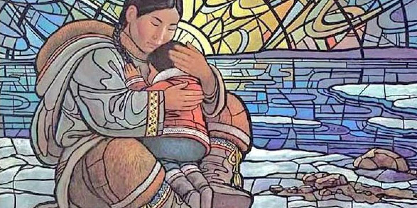 A stained-glass style illustration of an Inuit mother cradling an infant with a halo-like background.
