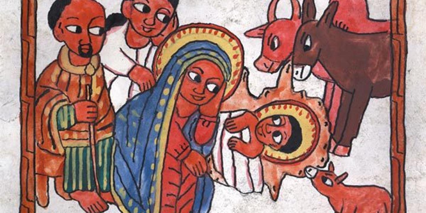 Nativity scene in the style of Eithiopian icon.