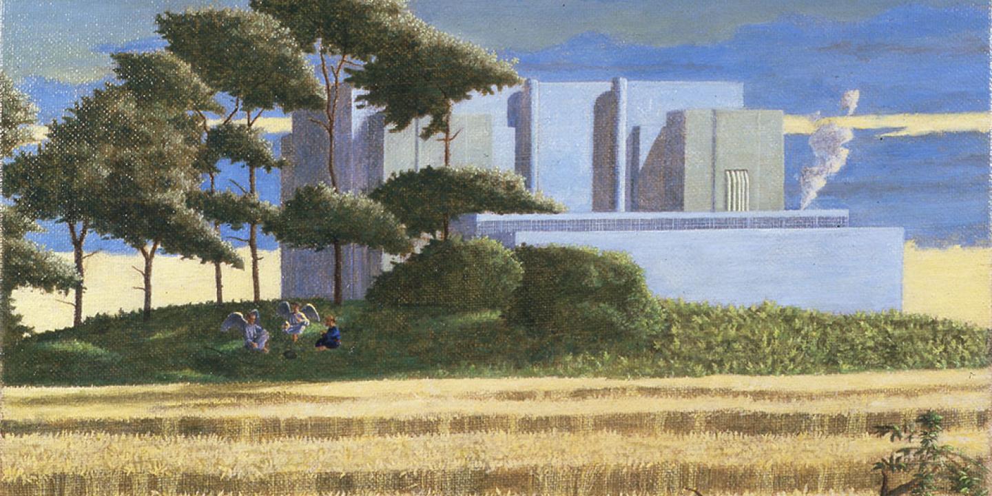 An angelic figure meets a human above a cornfield beyond which is a power station.