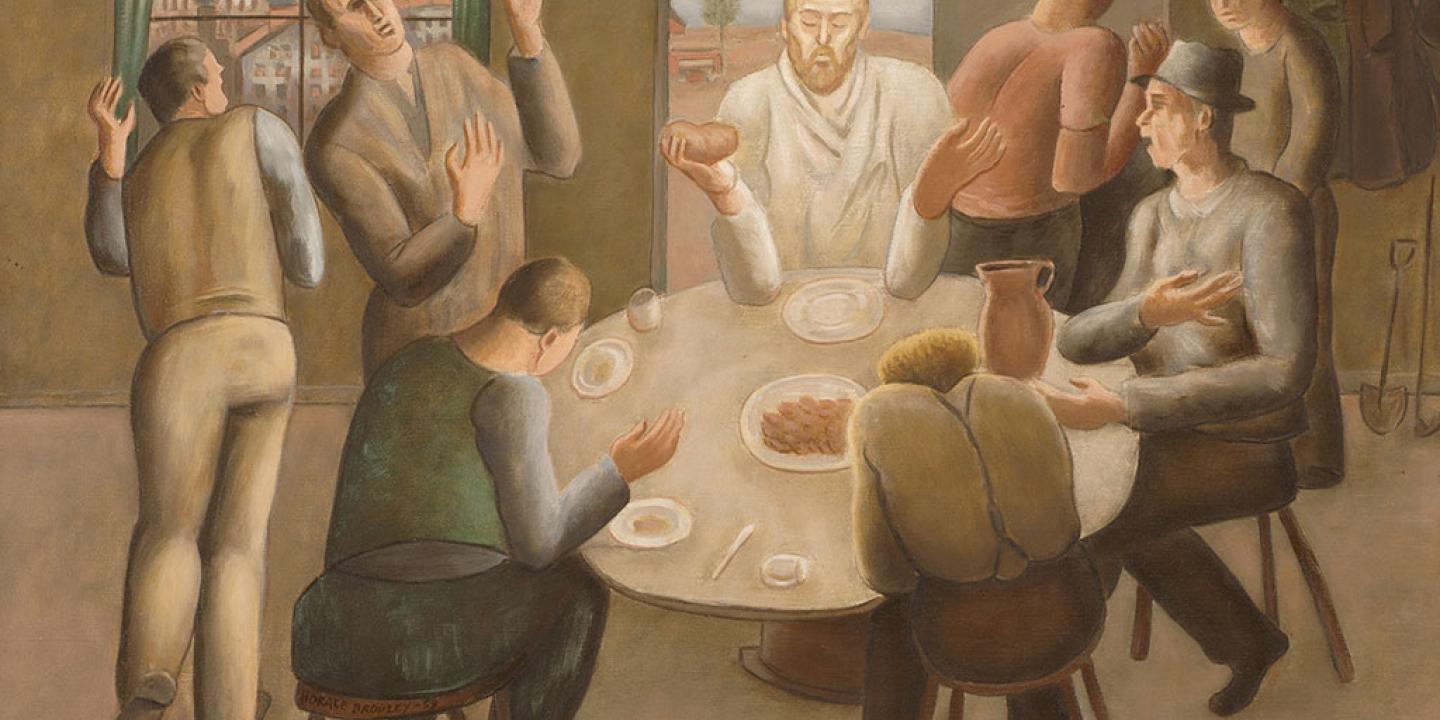 A painting depicts a round table in a room. Those sitting around it rise up as a Christ figure enters.