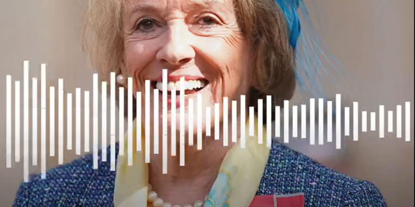 An image of a woman wearing formal clothing is overlaid by a BBC logo, a programme logo, a sound wave illustration and a caption.