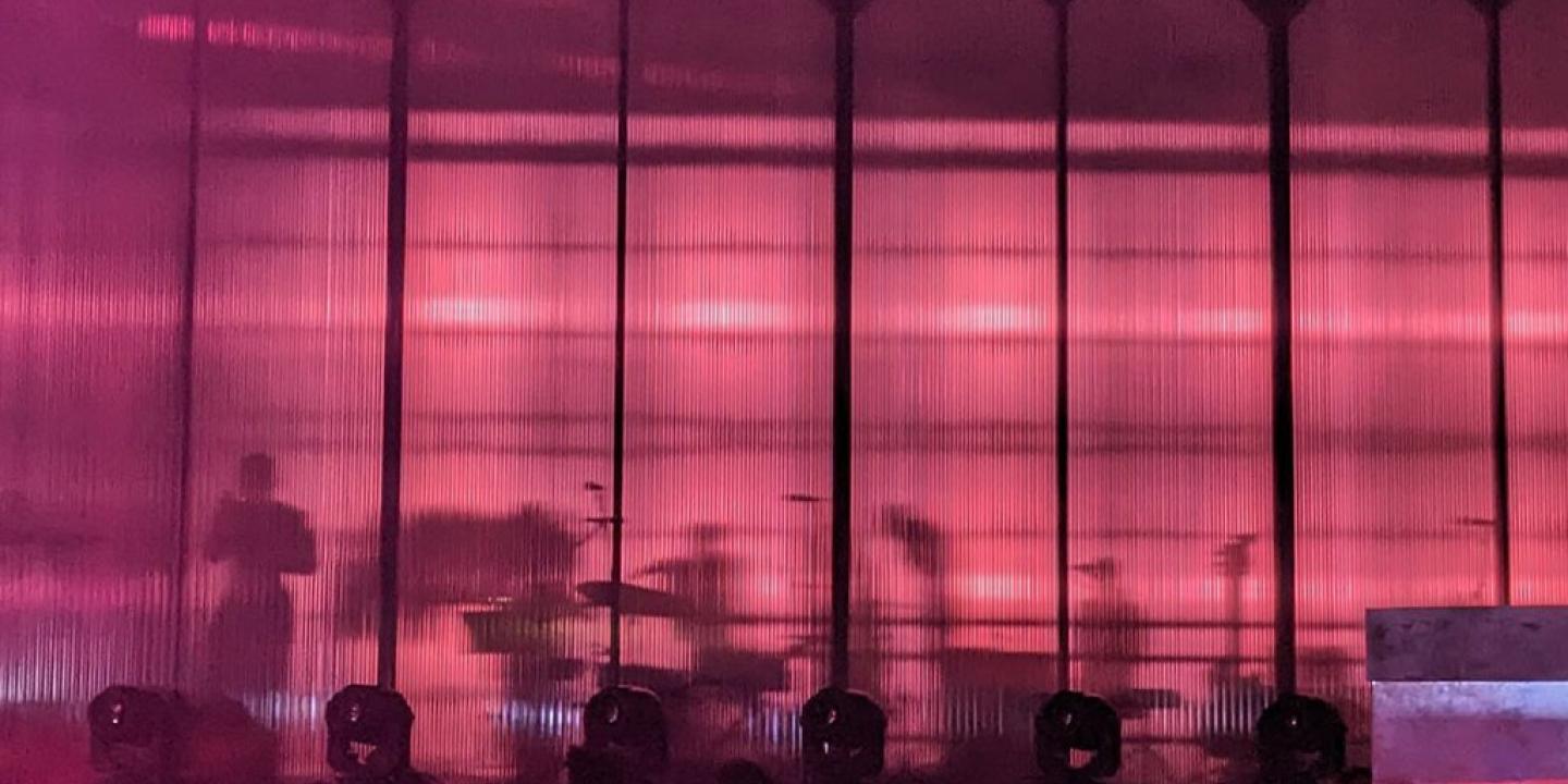 A singer stands beside musical instrument behind pink frosted glass on the front of a stage.