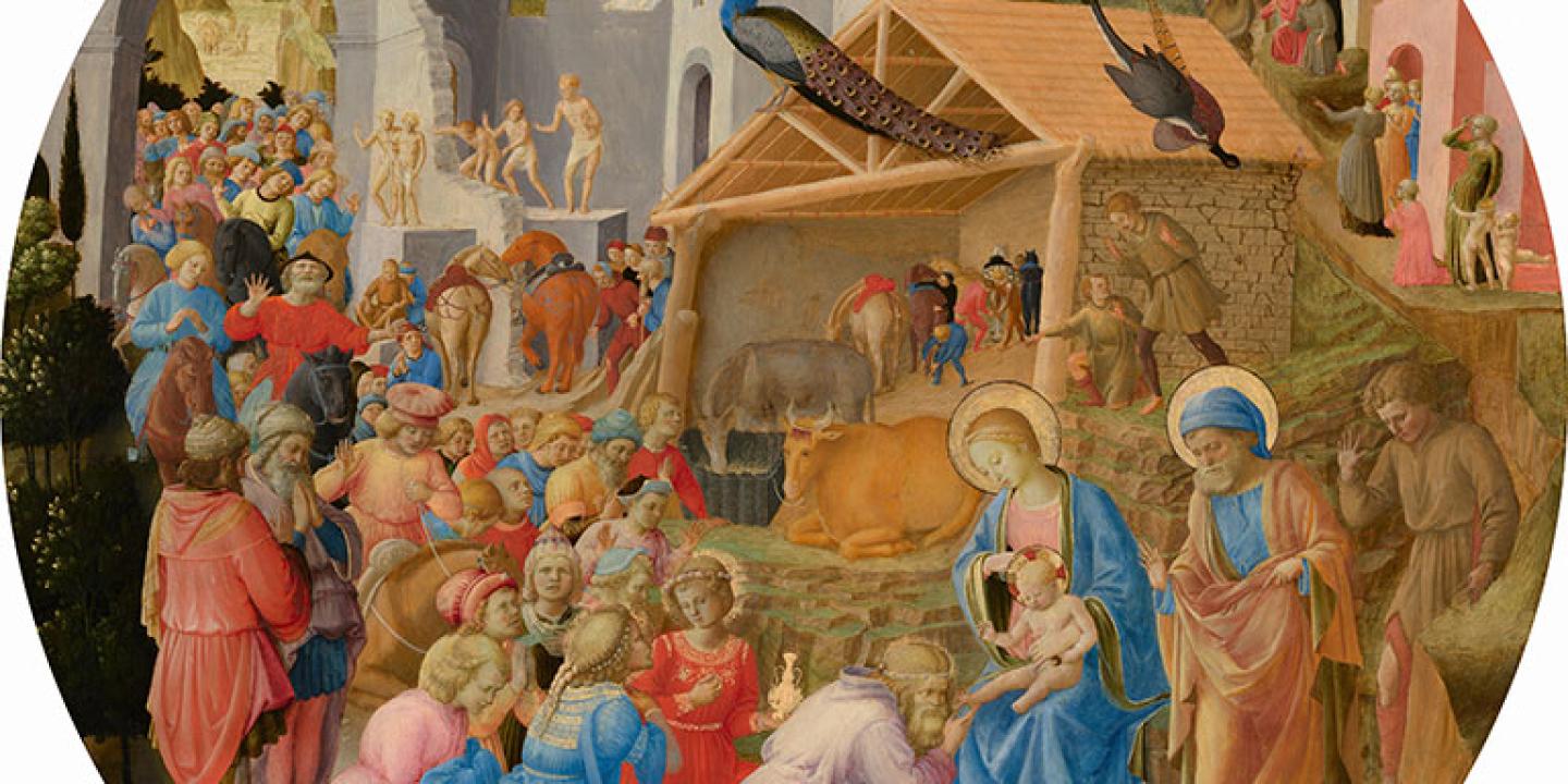 A round nativity scene depicts a procession of visitors including the Three Kings.