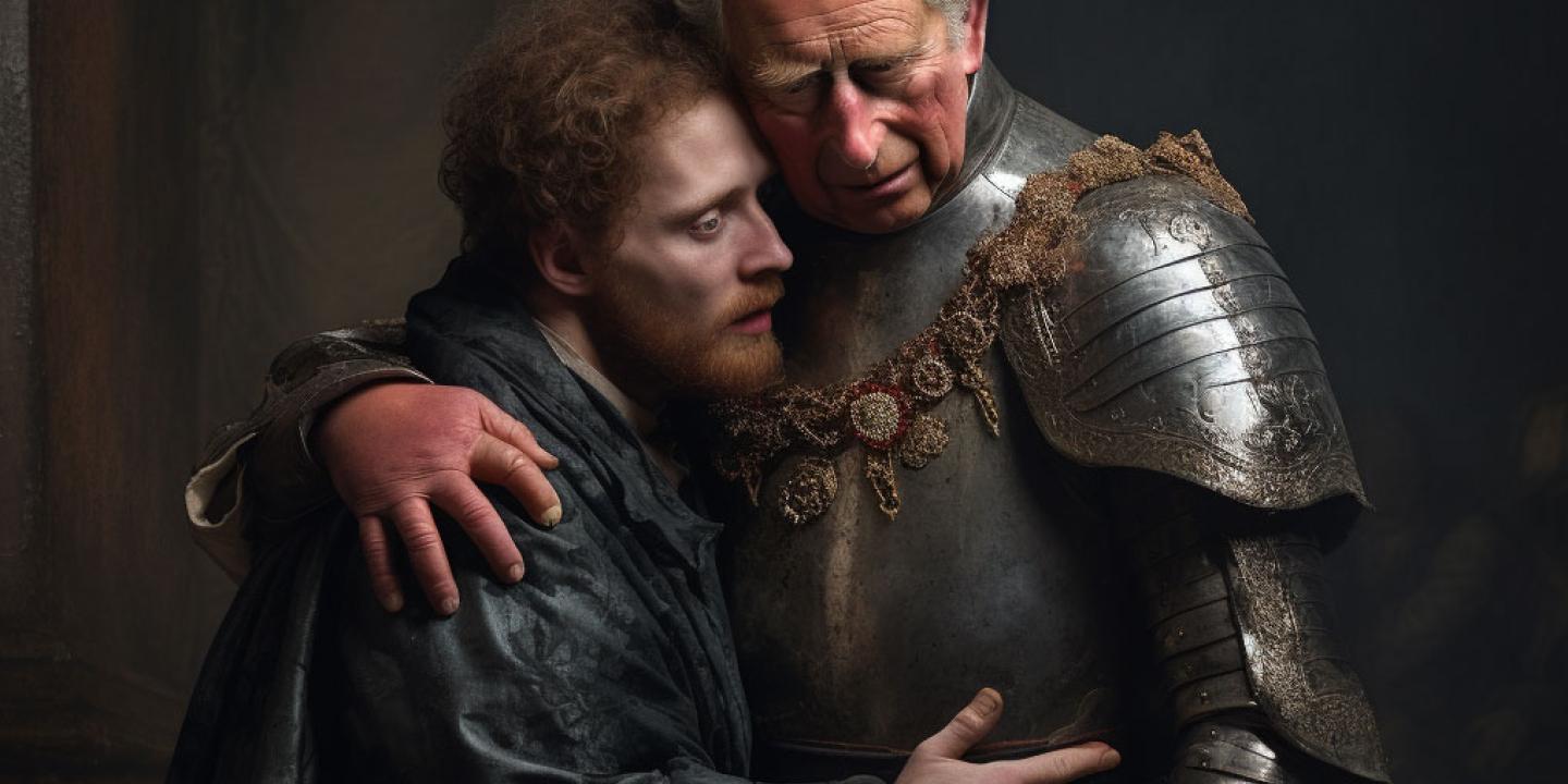 In the style of a Rembrandt painting Prince Harry embraces his father King Charles.