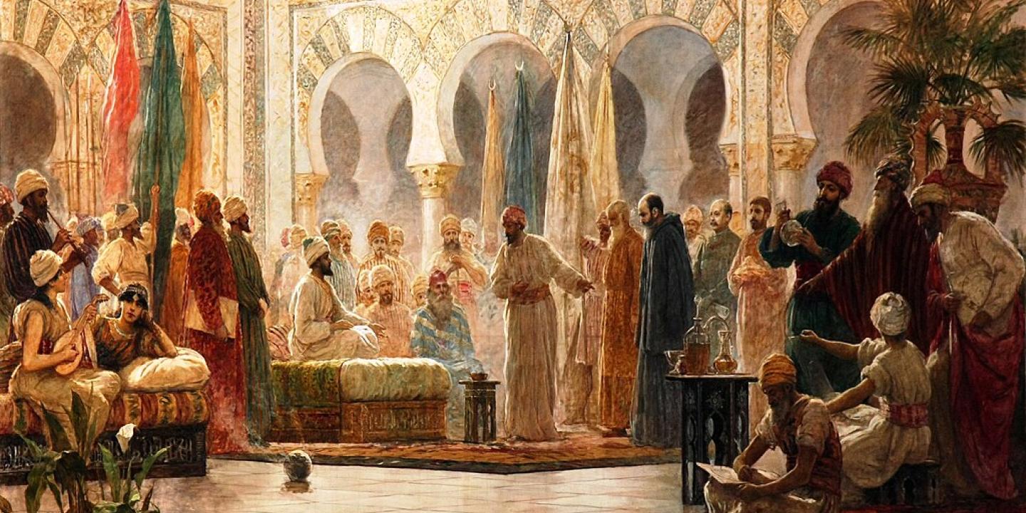 A painting of a Sultan's court gathering round as a ambassador is presented.