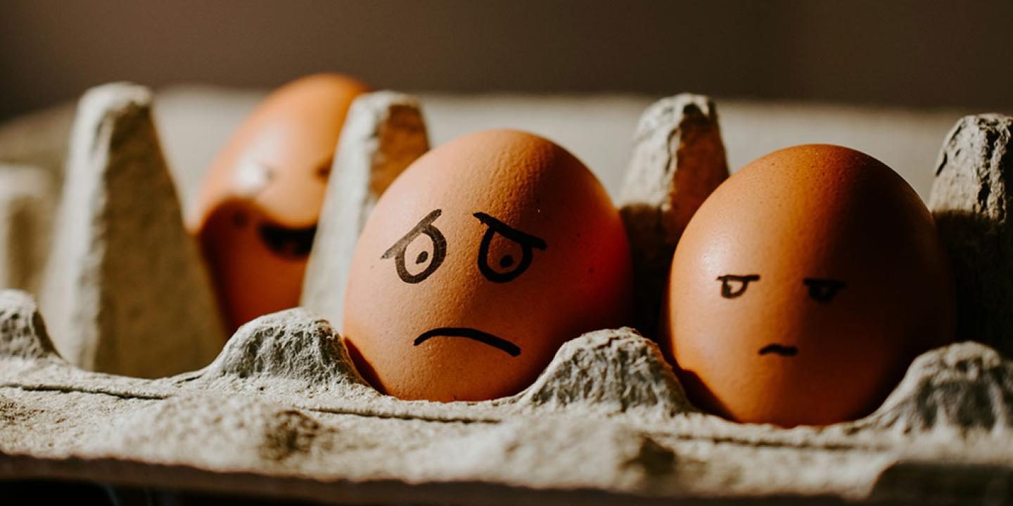 In an egg box sit two eggs with faces drawn on them with marker pen. One looks worried, the other looks on.