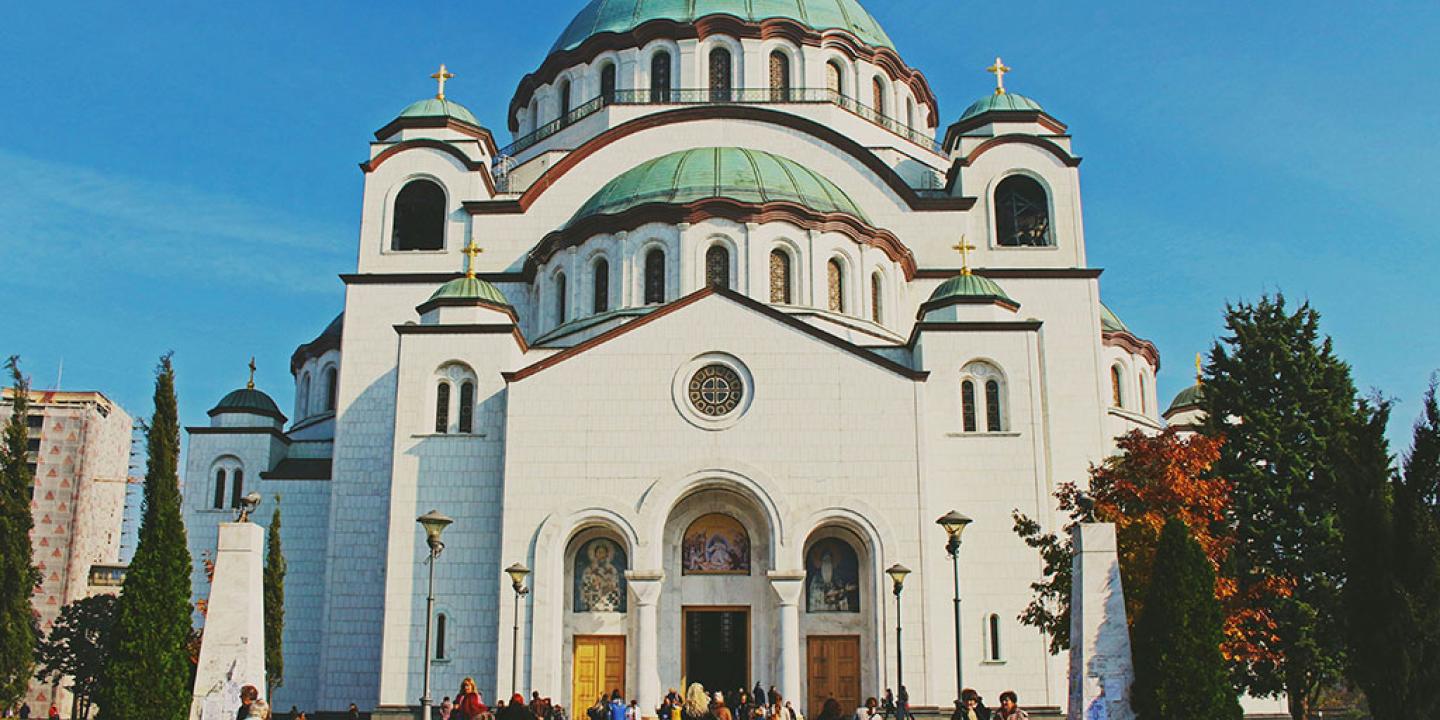 An orthodox cathedral, with prominent roof domes.