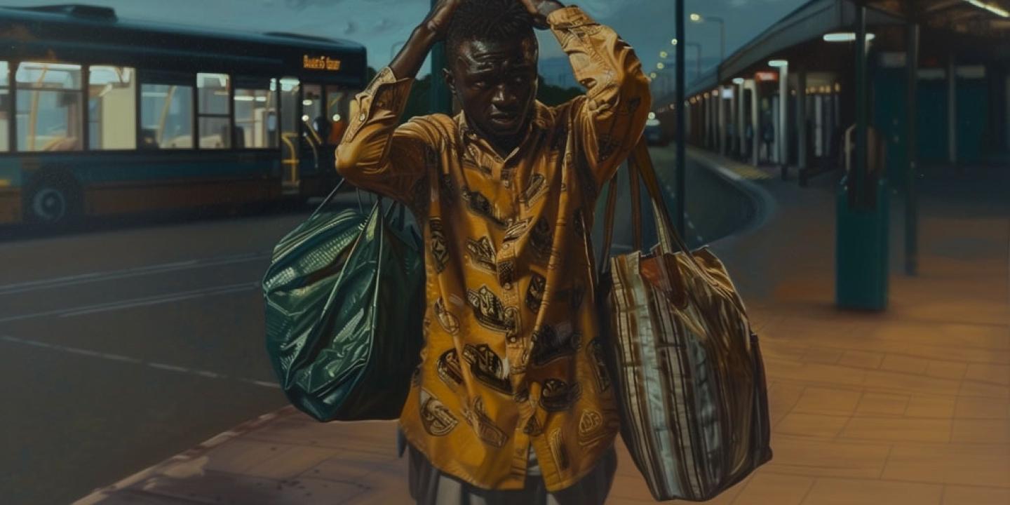 An upset man holds his hands on his head as he misses a bus.