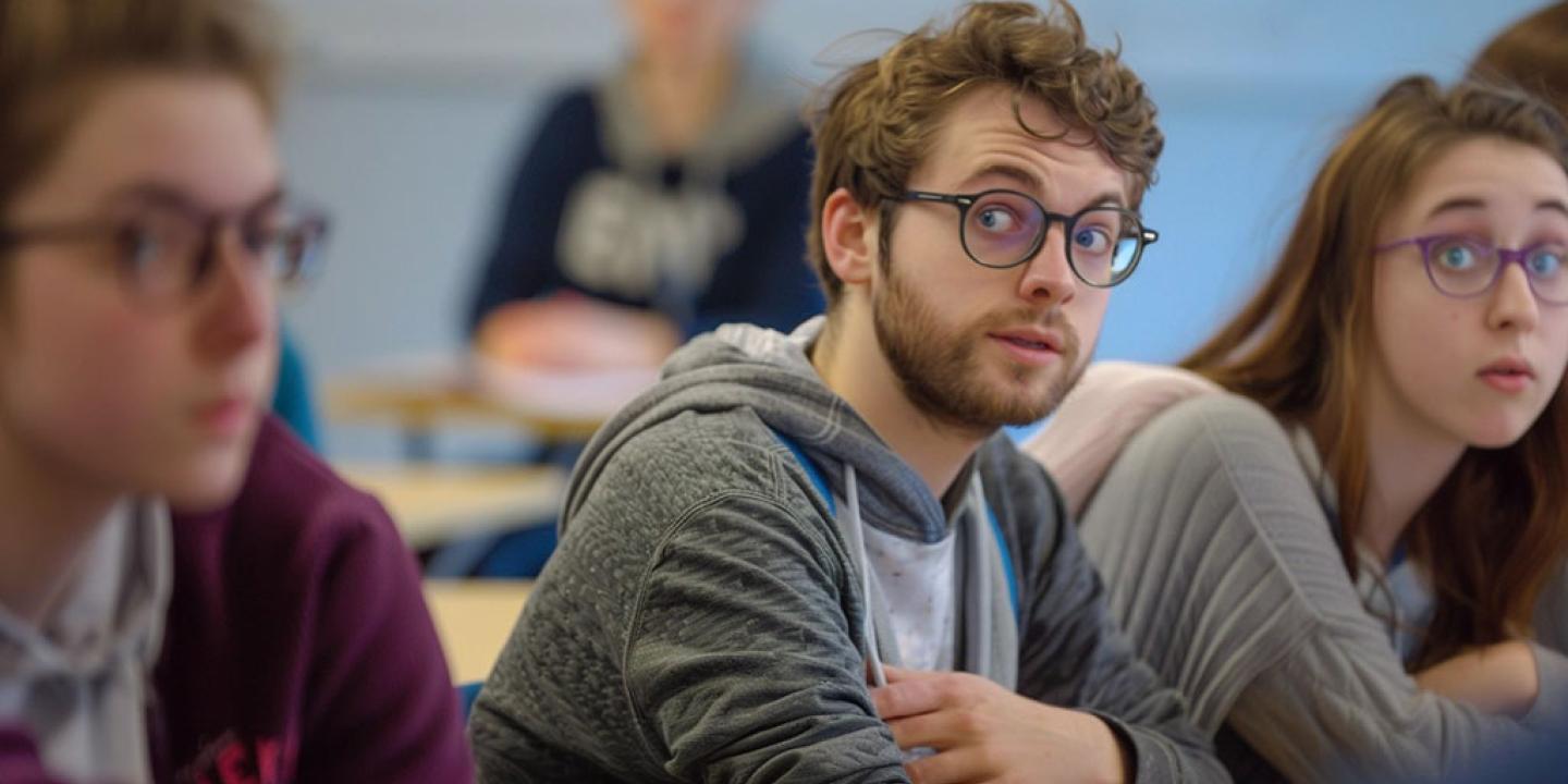 Quizzical-looking students look across a tutorial to others.