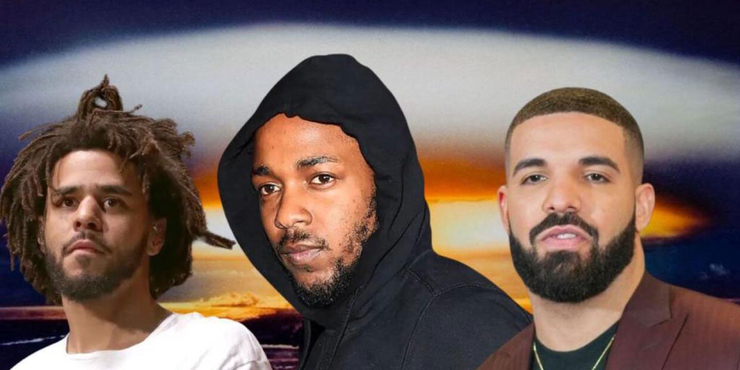 A composite image of three rappers, Cole, Lamar and Drake against a mushrooming cloud.