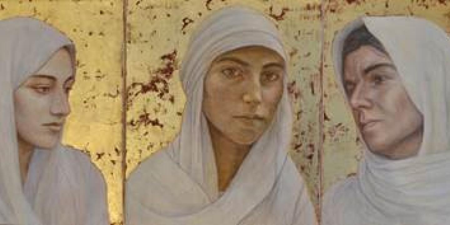 A triptych of three portraits depicting of white shawled women agains a gold background