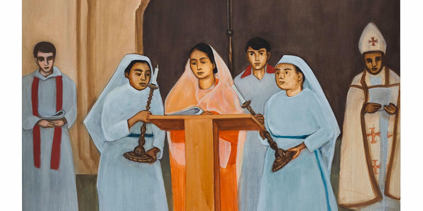 a painting shows Bengali celebrants of a Eucharist.