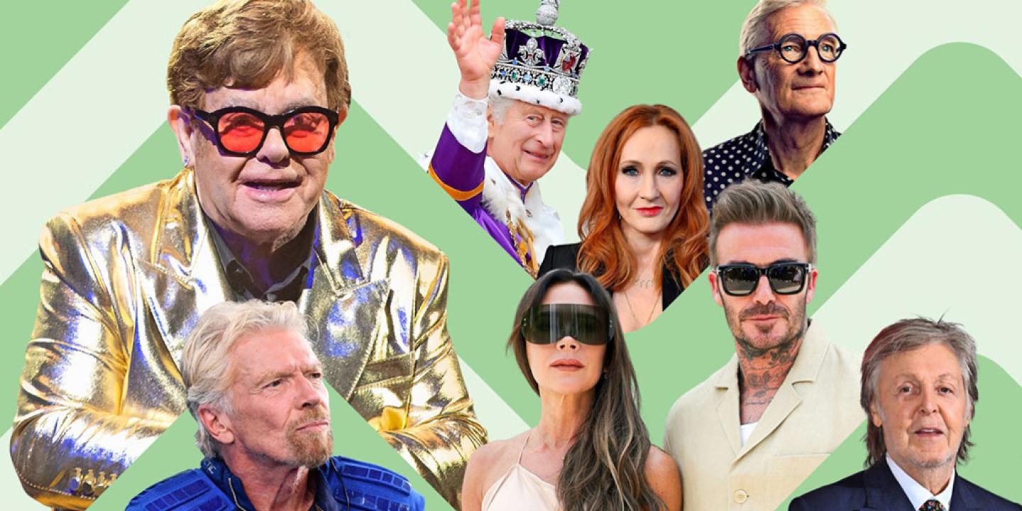 A collage of famous, rich, people such as King Charles, Elton John and others.